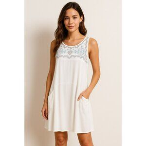 NWT Tasha Polizzi Womens White Sleeveless Embroidered Tunic Dress W/ Pockets Siz